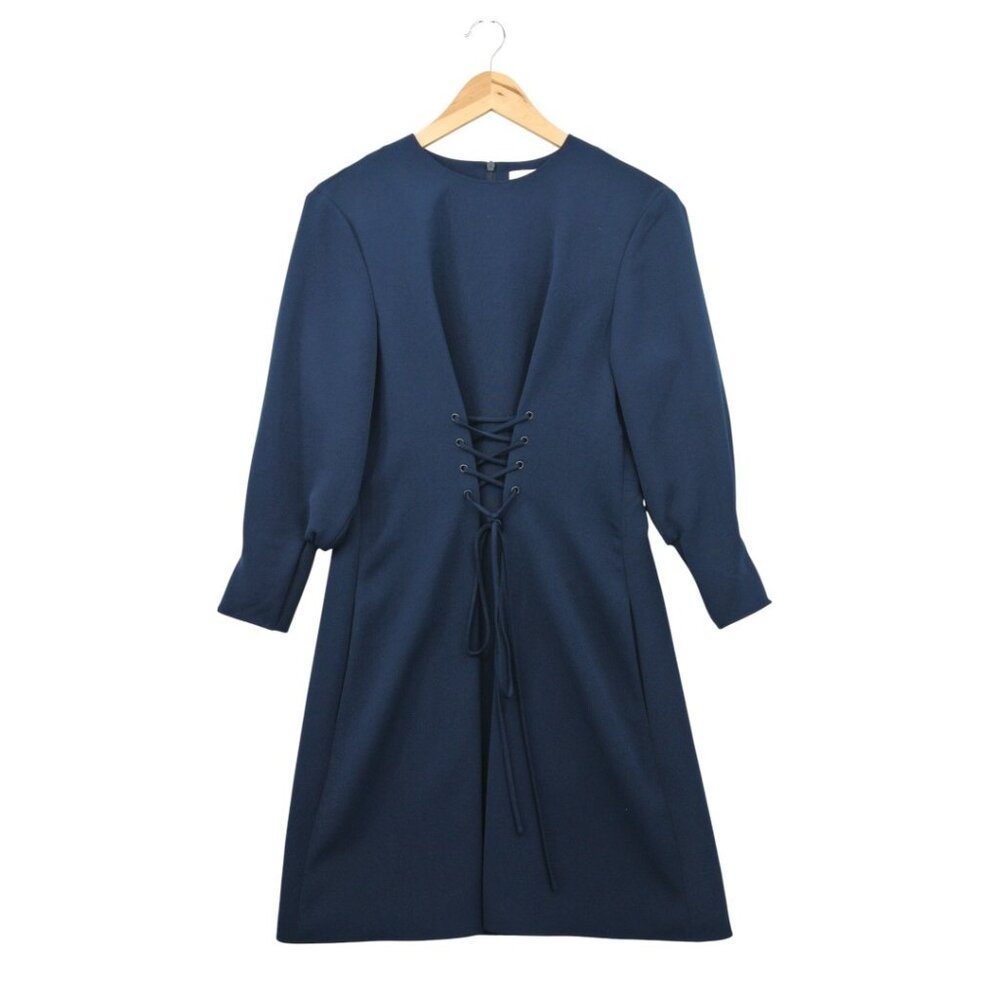 Tibi Lace Up Front Navy Blue A-Line Long Sleeve Mini Dress Size 4